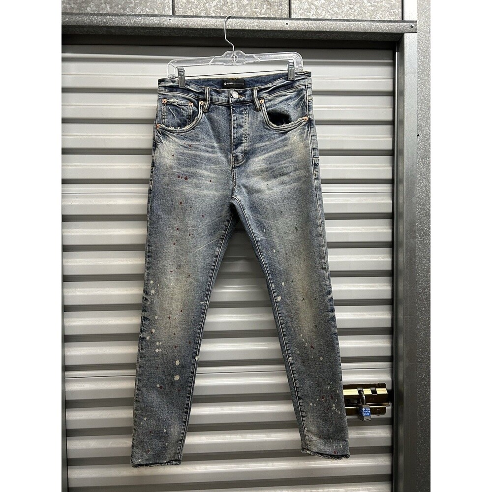 Purple Brand Jeans P002 Blue Button fly Distressed Paint Splatter 31 x 29